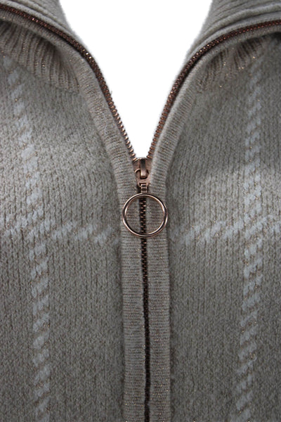 Rachel Zoe Womens Printed Mock Neck Full Zip Sweater Top Brown Size M