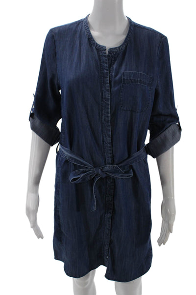 Ecru Womens Button Front 3/4 Sleeve V Neck Belted Mini Dress Blue Size Small