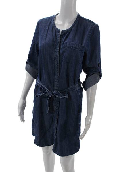 Ecru Womens Button Front 3/4 Sleeve V Neck Belted Mini Dress Blue Size Small