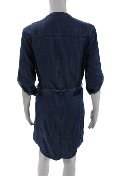 Ecru Womens Button Front 3/4 Sleeve V Neck Belted Mini Dress Blue Size Small