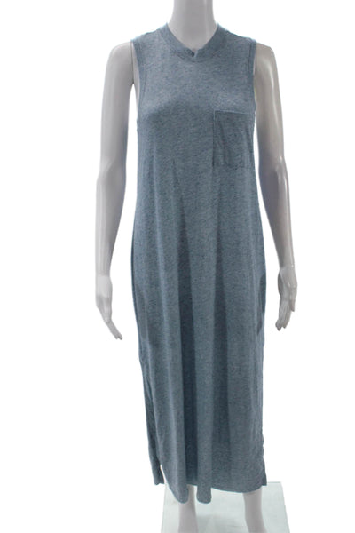 ATM Womens Sleeveless Crew Neck Side Slit Midi Tank Dress Blue Cotton Size Small