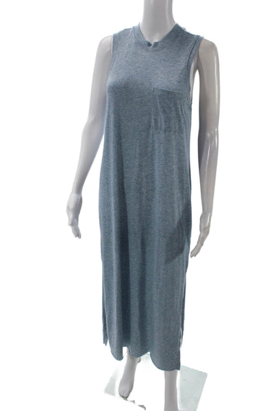 ATM Womens Sleeveless Crew Neck Side Slit Midi Tank Dress Blue Cotton Size Small