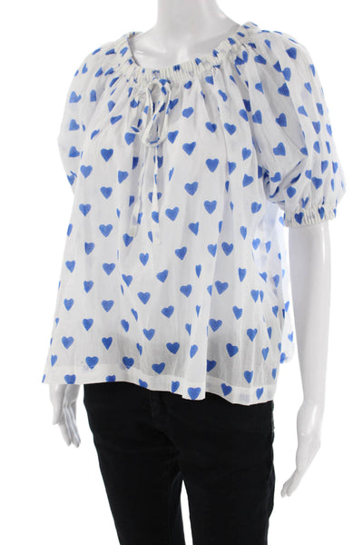 SZ Blockprints Womens 3/4 Sleeve Off Shoulder Heart Top White Blue Size XS