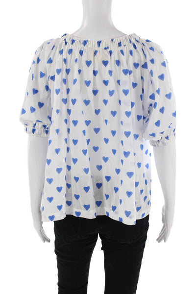 SZ Blockprints Womens 3/4 Sleeve Off Shoulder Heart Top White Blue Size XS