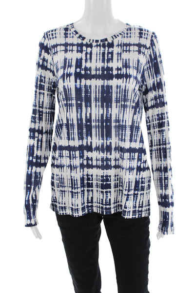 Vince Womens Long Sleeve Scoop Neck Abstract Shirt White Navy Cotton Size Small