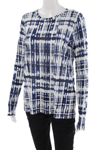 Vince Womens Long Sleeve Scoop Neck Abstract Shirt White Navy Cotton Size Small