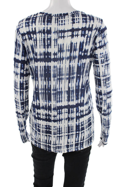 Vince Womens Long Sleeve Scoop Neck Abstract Shirt White Navy Cotton Size Small