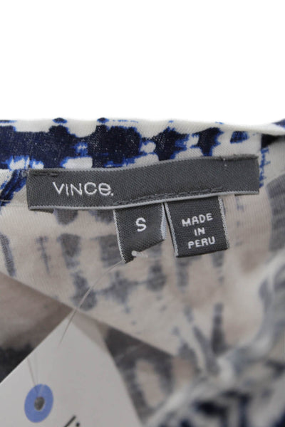 Vince Womens Long Sleeve Scoop Neck Abstract Shirt White Navy Cotton Size Small
