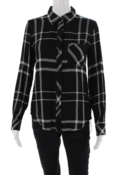 Rails Womens Button Front Collared Plaid Pocket Shirt Black White Extra Small