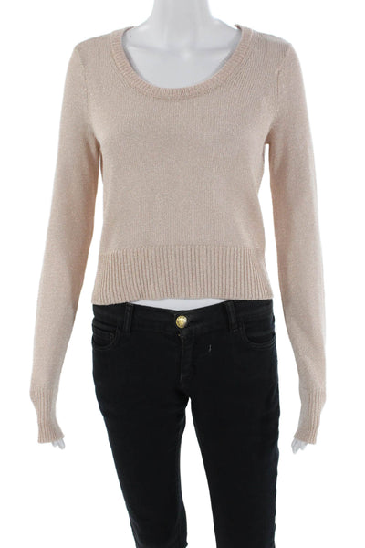 Intermix Womens Long Sleeve Scoop Neck Metallic Knit Sweater Beige Size Petite