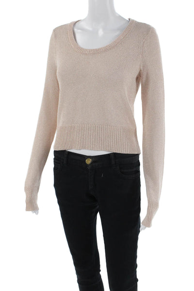 Intermix Womens Long Sleeve Scoop Neck Metallic Knit Sweater Beige Size Petite