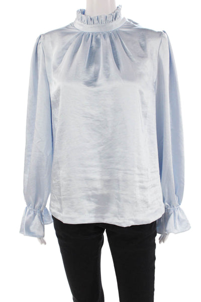 Cynthia Rowley Womens Ezra Ruffle Neck Bell Sleeve Satin Top Light Blue Size 10