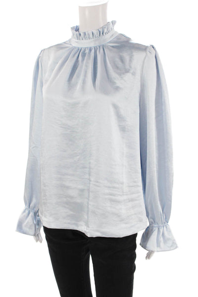Cynthia Rowley Womens Ezra Ruffle Neck Bell Sleeve Satin Top Light Blue Size 10