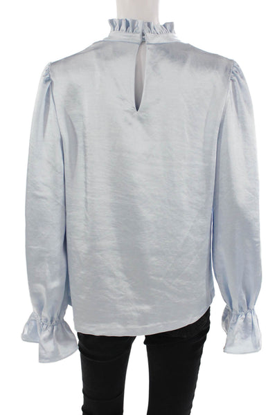 Cynthia Rowley Womens Ezra Ruffle Neck Bell Sleeve Satin Top Light Blue Size 10