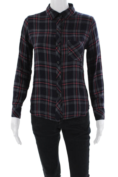 Rails Womens Button Front Long Sleeve Collared Plaid Shirt Navy Gray Pink XS