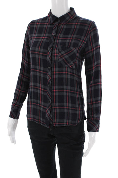Rails Womens Button Front Long Sleeve Collared Plaid Shirt Navy Gray Pink XS