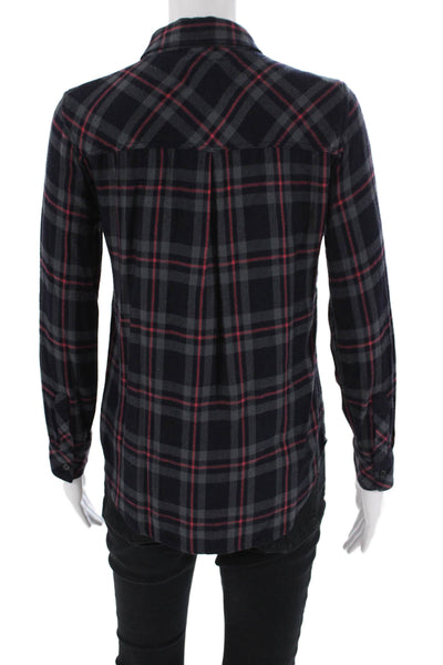 Rails Womens Button Front Long Sleeve Collared Plaid Shirt Navy Gray Pink XS