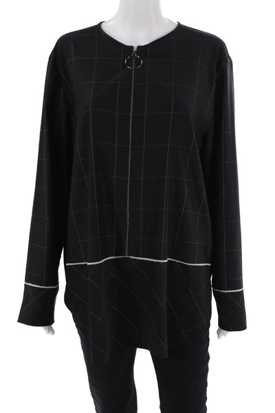 Marccain Womens Long Sleeve Crew Neck Front Zip Check Blouse Navy White Size 6
