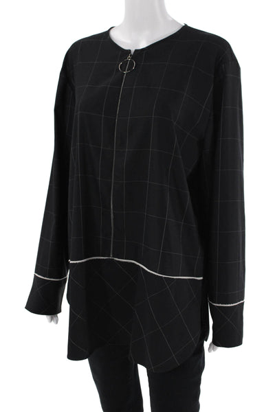 Marccain Womens Long Sleeve Crew Neck Front Zip Check Blouse Navy White Size 6