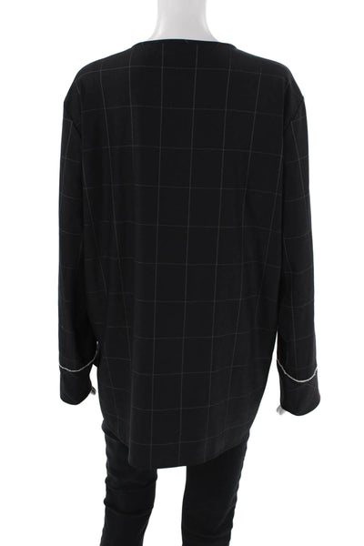 Marccain Womens Long Sleeve Crew Neck Front Zip Check Blouse Navy White Size 6