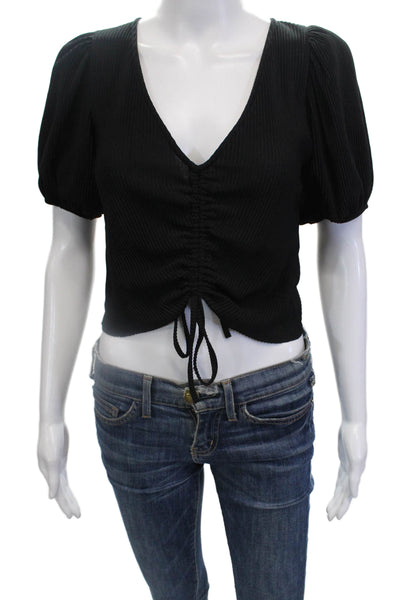 Zara Womens Short Sleeve V-Neck Rouched Detail Crop Top Black Size M