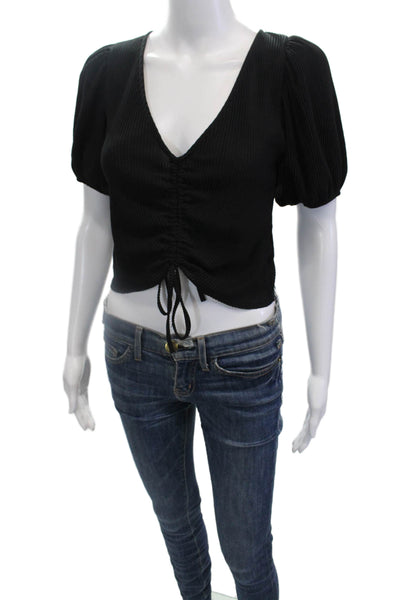 Zara Womens Short Sleeve V-Neck Rouched Detail Crop Top Black Size M