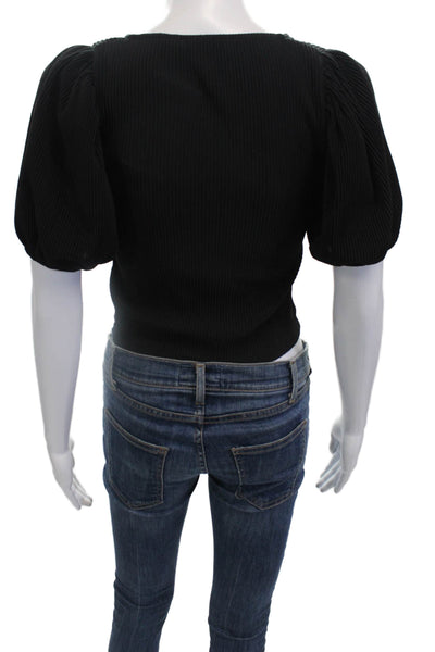 Zara Womens Short Sleeve V-Neck Rouched Detail Crop Top Black Size M