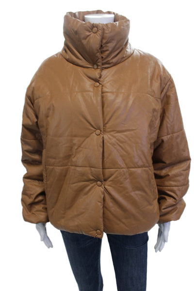 Lioness Womens Faux Leather High Neck Pocketed Cropped Jacket Brown Size S