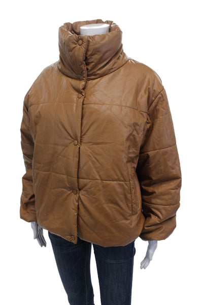 Lioness Womens Faux Leather High Neck Pocketed Cropped Jacket Brown Size S