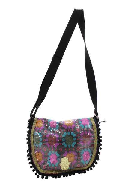 LeSportsac Womens Floral Sequined Pom Pom Trimmed Satchel Handbag Black