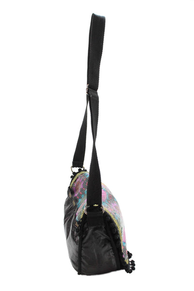 LeSportsac Womens Floral Sequined Pom Pom Trimmed Satchel Handbag Black
