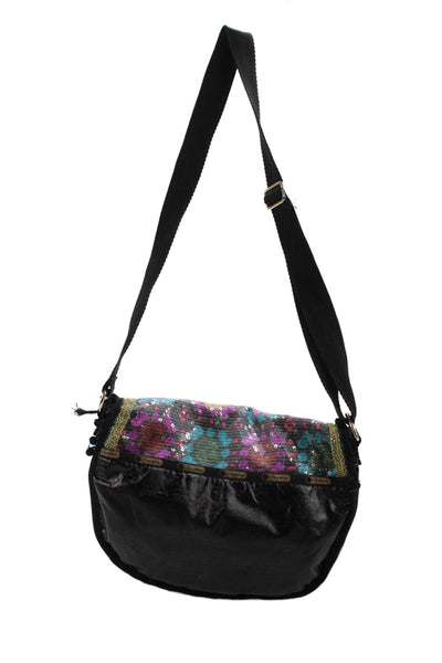LeSportsac Womens Floral Sequined Pom Pom Trimmed Satchel Handbag Black