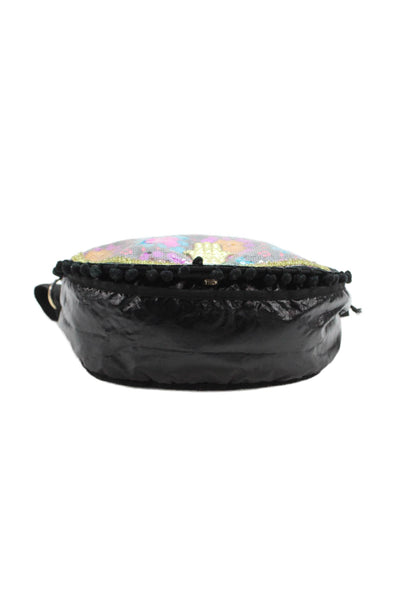 LeSportsac Womens Floral Sequined Pom Pom Trimmed Satchel Handbag Black
