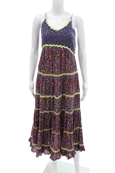Miss June Womens Spaghetti Strap Ric Rac Floral Dress Navy Purple Size Small