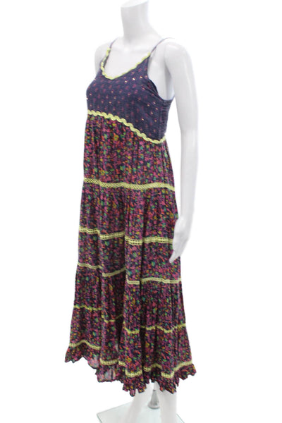 Miss June Womens Spaghetti Strap Ric Rac Floral Dress Navy Purple Size Small