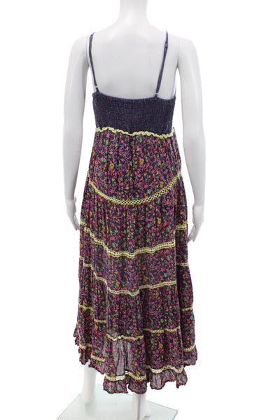 Miss June Womens Spaghetti Strap Ric Rac Floral Dress Navy Purple Size Small