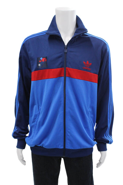 Adidas Mens Striped Full Zip Color Block Mock Neck Track Jacket Blue Size XL