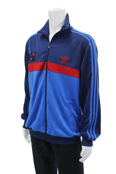 Adidas Mens Striped Full Zip Color Block Mock Neck Track Jacket Blue Size XL