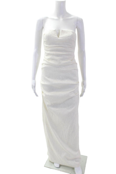 Nicole Miller Womens Ruched Embroidered Strapless Floor Length Gown White Size 6