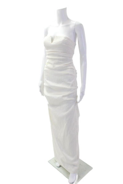 Nicole Miller Womens Ruched Embroidered Strapless Floor Length Gown White Size 6