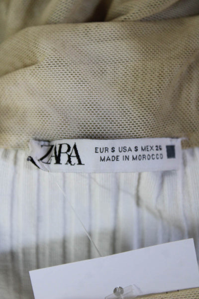 Zara Womens Strapless Mesh Overlay Ruched Blouse Brown Gray Size Small