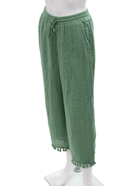 Michael Stars Womens Textured Drawstring Tassel High Waisted Pants Green Size S