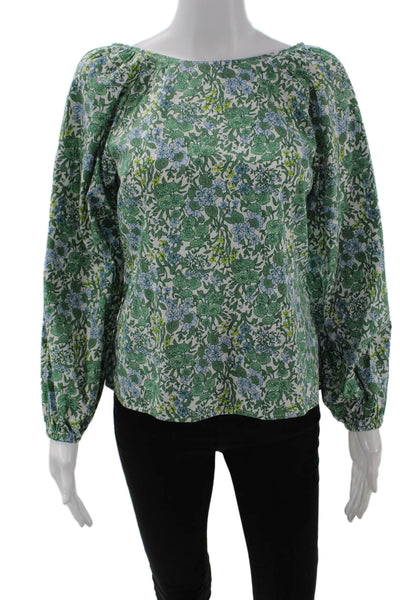 J Crew Womens Long Sleeve Scoop Neck Open Back Floral Top White Green Size 2