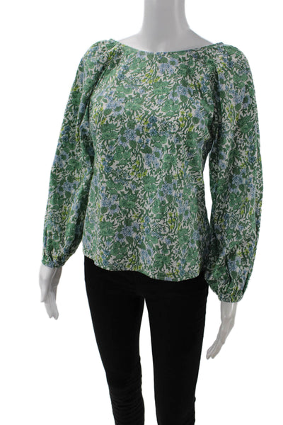 J Crew Womens Long Sleeve Scoop Neck Open Back Floral Top White Green Size 2