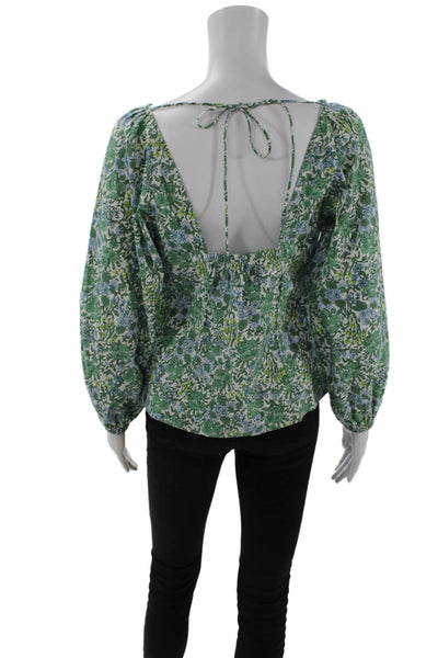 J Crew Womens Long Sleeve Scoop Neck Open Back Floral Top White Green Size 2