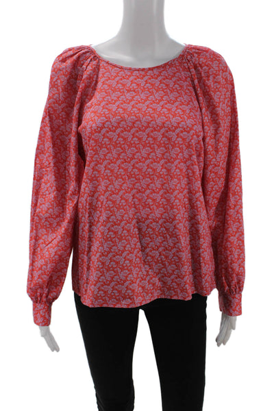 J Crew Womens Long Sleeve Scoop Neck Floral Blouse Orange Purple Cotton Small