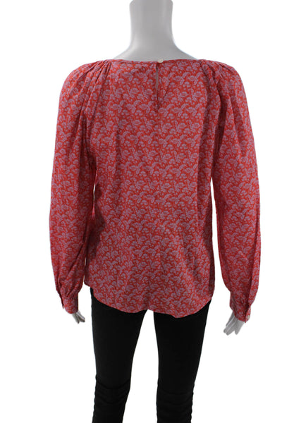 J Crew Womens Long Sleeve Scoop Neck Floral Blouse Orange Purple Cotton Small
