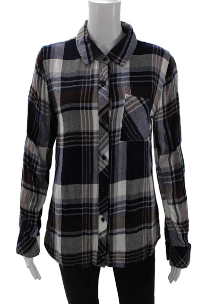 Rails Womens Button Front Long Sleeve Collared Plaid Shirt Navy White Small