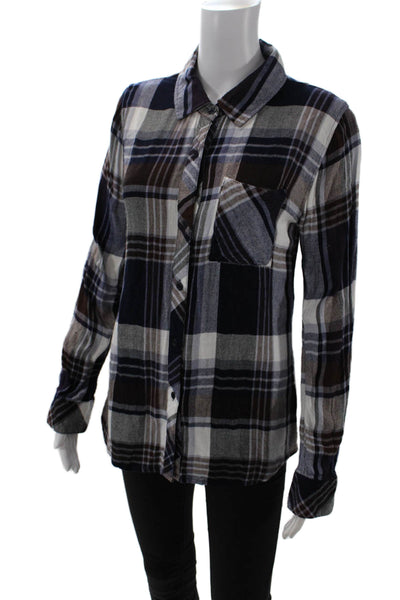 Rails Womens Button Front Long Sleeve Collared Plaid Shirt Navy White Small