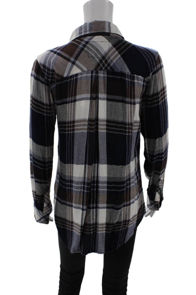 Rails Womens Button Front Long Sleeve Collared Plaid Shirt Navy White Small